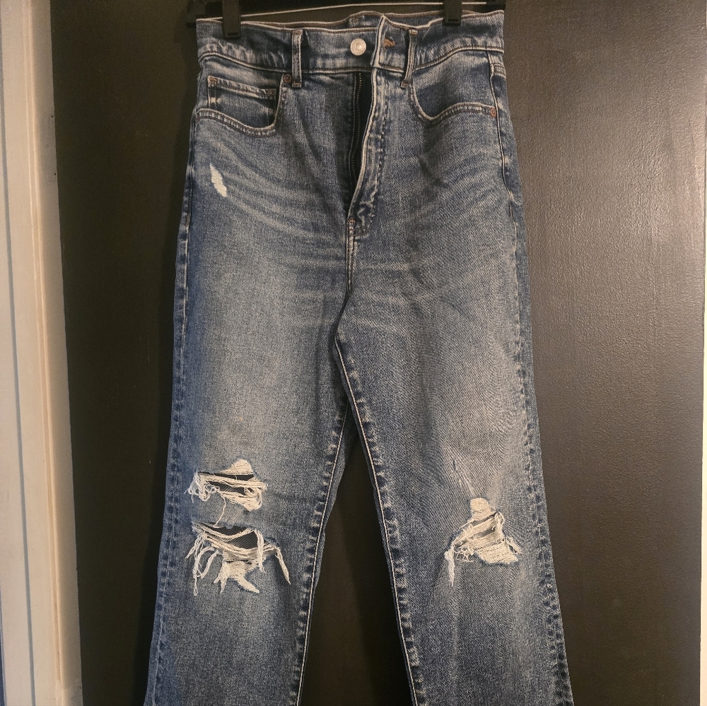 Express Womens Distressed Medium Blue Straight Leg Jeans